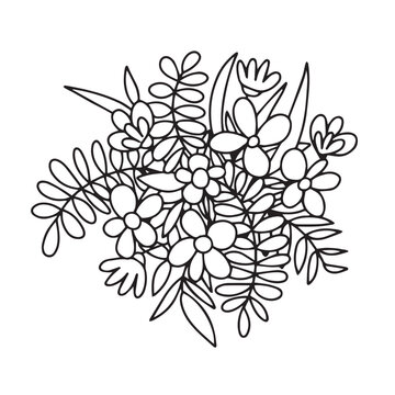 Doodle flower bouquet vector illustration. Hand drawn black and white flowers in vase top view
