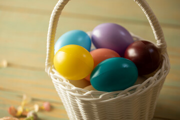easter basket with eggs and bunny. Decoration. Celebration. Spring day. Eggs.