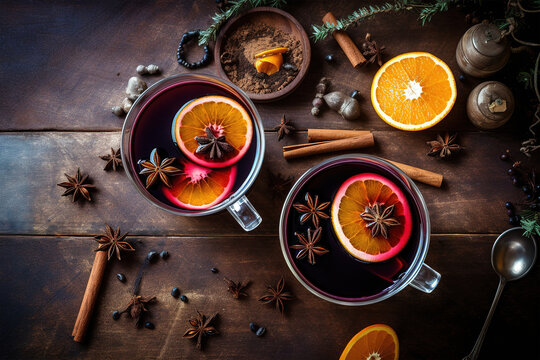 Two cups of autumn mulled wine or gluhwein with spices and orange slices on rustic table top view. Traditional drink on autumn holiday