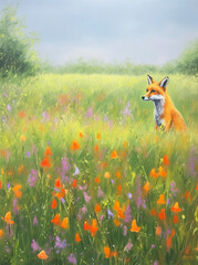 Fox in colorful summer field