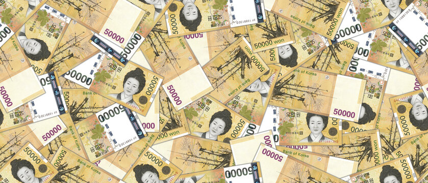Financial Korean illustration. Seamless pattern. Randomly scattered paper banknotes of South Korea, denomination of 50000 won. Wallpaper or background.