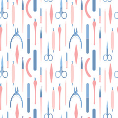 Manicure instruments seamless pattern on white background. Flat style manicure tools vector pattern