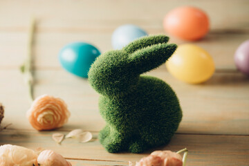 easter basket with eggs and bunny. Decoration. Celebration. Spring day. Eggs.