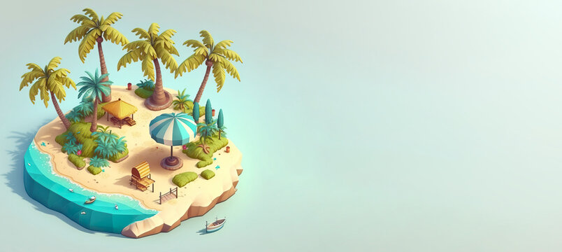 3D banner design of cute beach island with palm trees over blue background. Generative AI.