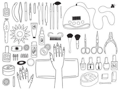Vector hand drawn manicure set on table top view. Different kinds of manicure tools and himan hands on table isolated.