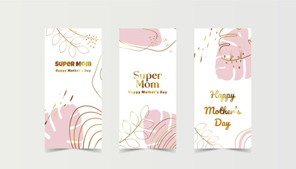 Mothers day, set of greeting card template with abstract golden art background and botanical palm leaves Vector illustration.	