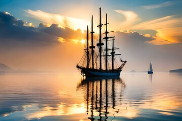 Fototapeta premium Sailing ship at anchor at sunset
