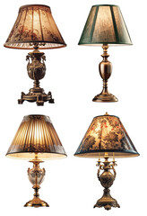 A set of antique older table lamps with a lampshade on a transparent background, Generative AI