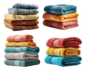 A set of multiple colorful bath towels on a transparent background, Generative AI