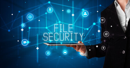 Person holding tablet, security concept