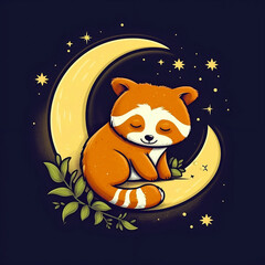 Fototapeta premium Red panda sleeping on the moon AI generated