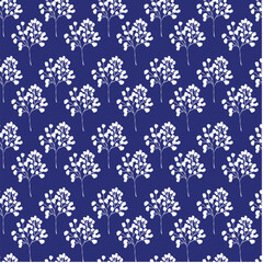 Minimal floral seamless repeat pattern design. hand drawn flowers on navy blue background. Surface pattern design trendy blue and white abstract fabric print