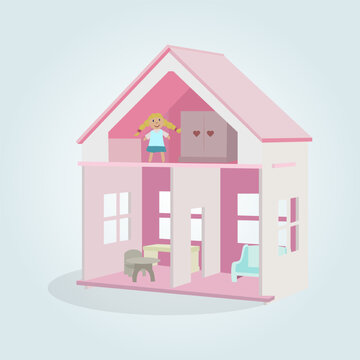 Pink doll house with two storeys, little furniture and doll. Vector illustration.