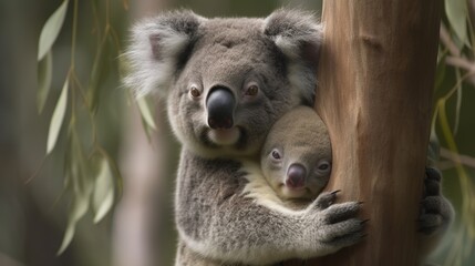 Koala Mother and Baby Cuddling in a Gum Tree
