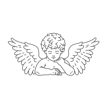 Vector isolated one single sitting sleeping curly boy angel cupid pose closed eyes colorless black and white contour line easy drawing
