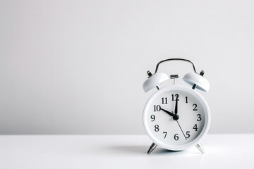 White alarm clock on a white background with copy space. Created with Generative AI Technology