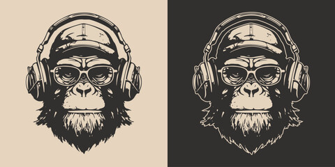 Set of vintage retro funky monkeys. Can be used for logo, emblem, poster, dadge design. Monochrome Graphic Art. Engraving vector illustration.