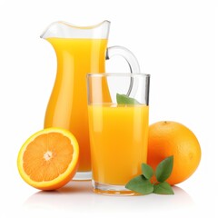 Pitcher of orange juice is poured into a glass. A slice of orange is on the table next to the glass