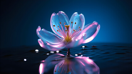 Beautiful spectral light pink peach flower, flower petals, water droplets light reflection, reflection