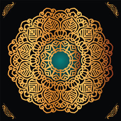 Luxury mandala design with golden ornaments on black background Title for islamic design
