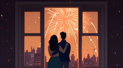 A couple in love embracing and standing by a window in front of fireworks