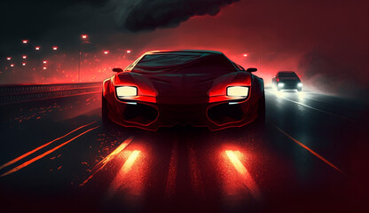 Fototapeta na wymiar red sports car on the highway, headlights on, high-tech style