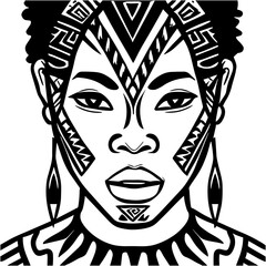 African tribal portrait of black woman in ancient clothes and jewelry. Monochrome drawing. Vector illustration isolated on a white background. Print, poster, t-shirt, card.