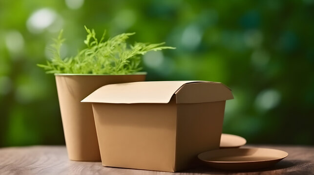 cardboard kraft lunch box, container delivery for food restaurant, mock-up, zero waste, recycling, take away food packaging design, paper food box, photo nature and plant
