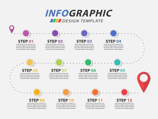 Timeline Creator infographic template. 12 Step timeline journey, calendar Flat simple infographics design template. presentation graph. Business concept with 12 options, vector illustration.