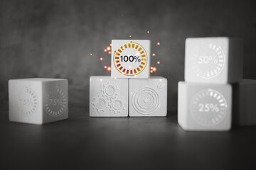 The concept of the project completion to 100 percent success to work. Wood block with icon 100 percent. Task priority and management concept. Set work priority