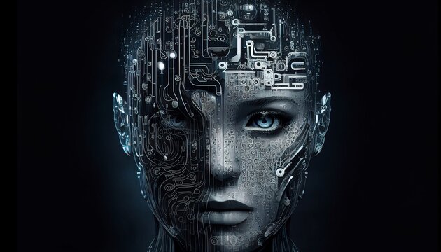 Idea of Existential Danger from AI Takeover with Digital Face on Technology and Generative AI