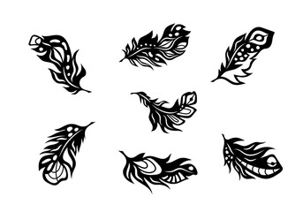 Set of decorative boho feather silhouettes foe wall decal sticker, stencils and laser cutting. Vector feathers bundle isolated on white background