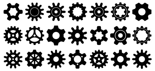Collection of mechanical cogwheels. 21 small and large gears. Black silhouette sprocket icon design element. White background. Vector illustration.