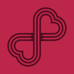 Heart shape symmetrical infinity pattern. 3 maroon stripes, red background. Double heart design, logo, symbol, icon. Vector illustration.