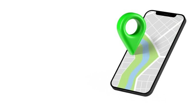 Green location pointer appearing on phone map screen, side view. Mobile navigation app 3D animation on white background, copy space. Direction finder template design for web, UI or mobile application.