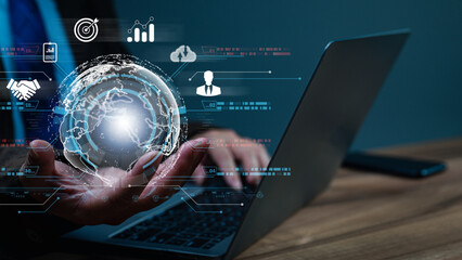 Businessperson confidently holds globe, symbolizing global reach, influence harness power of electronic, cloud computing technologies to manage large amounts of information, drive worldwide enterprise