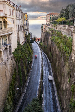 High anlge view of iconic street from Piazza Tasso at Sorrento, Italy