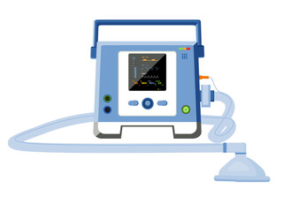Medical equipment automatic transport ventilator, screens showing patient vital signs Artificial lung at the end of the tube. Critically ill patients Life Support or Resuscitation