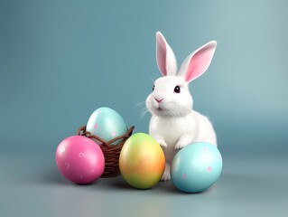 Little Bunny In Basket With Decorated Easter Eggs. Easter concept. Generative AI