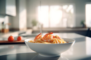 A delicious shrimp dish with fettuccine pasta on a kitchen table. AI generated