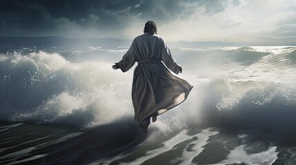 Illustration Jesus Christ Walking on Water, art background, Generative AI - obrazy, fototapety, plakaty