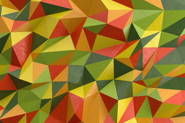 Low poly background in the form of green-orange polygons. Wall decor for painted plaster. Bright autumn style. 3d illustration.
