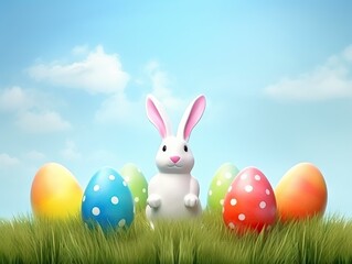 Little Bunny In Basket With Decorated Easter Eggs. Easter concept. Generative AI