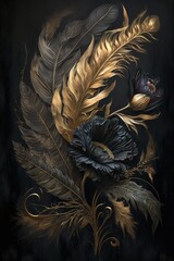 Gold and black feathers on a black background. Generative AI