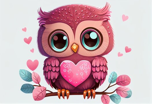 Cute cartoon owl with pink eyes and pink heart on white background, Generative AI