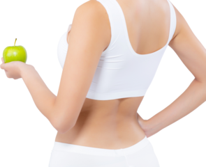 Portrait asian woman smiling holding green apple fruit and beautiful body diet with fit, girl weight slim with cellulite or calories, health and wellness concept.