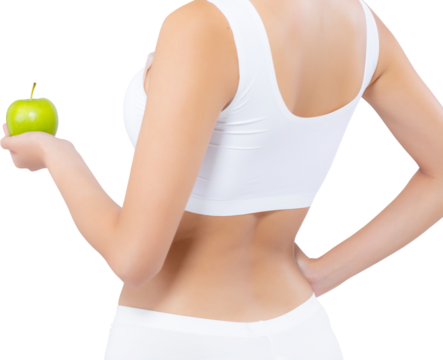 Portrait asian woman smiling holding green apple fruit and beautiful body diet with fit, girl weight slim with cellulite or calories, health and wellness concept.