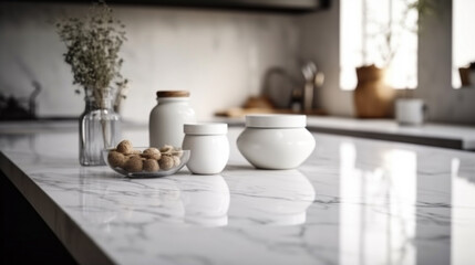 Naklejka na ściany i meble Empty marble countertop kitchen with copy space over kitchen background.for product display montage. AI generation.