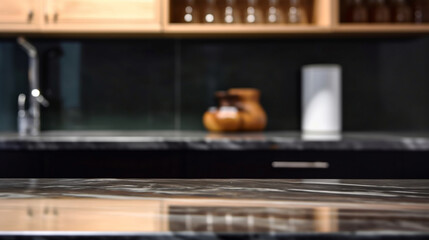 Empty marble countertop kitchen with copy space over kitchen background.for product display montage. AI generation.