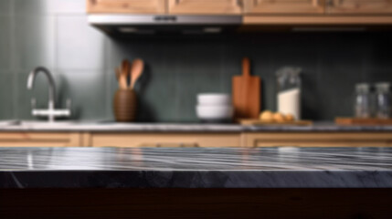 Empty marble countertop kitchen with copy space over kitchen background.for product display montage. AI generation.